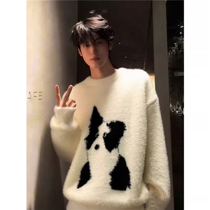 美式卡通小狗套头毛衣男女冬季新款圆领针织衫慵懒感休闲情侣内搭图片