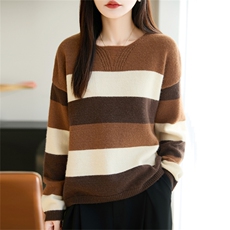 2025年秋季时尚百搭通勤简约休闲拼色圆领针织衫，女装针织衫/毛衣，郡淞羊绒