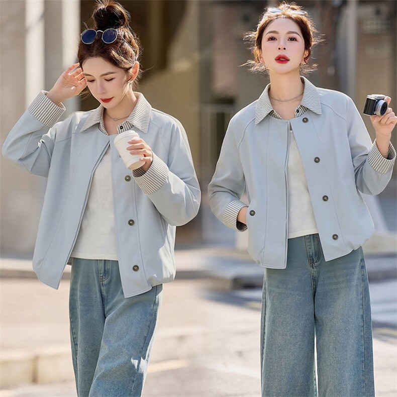 （现货）假两件条纹拼接翻领外套女新款流行气质减龄百搭上衣，女装短外套，韩蔻秀