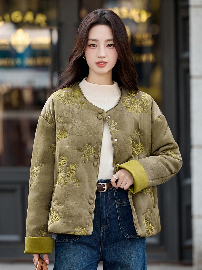 2025冬装新款优雅刺绣轻薄棉衣,女装棉衣/棉服,伊仟回