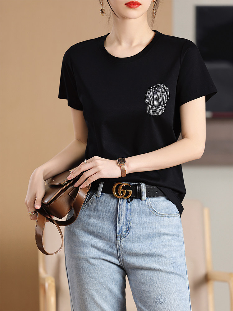 烫钻帽子工艺丝光棉圆领短袖女夏装新款冰丝T恤显瘦修身打底上衣,女装T恤,元素羊绒
