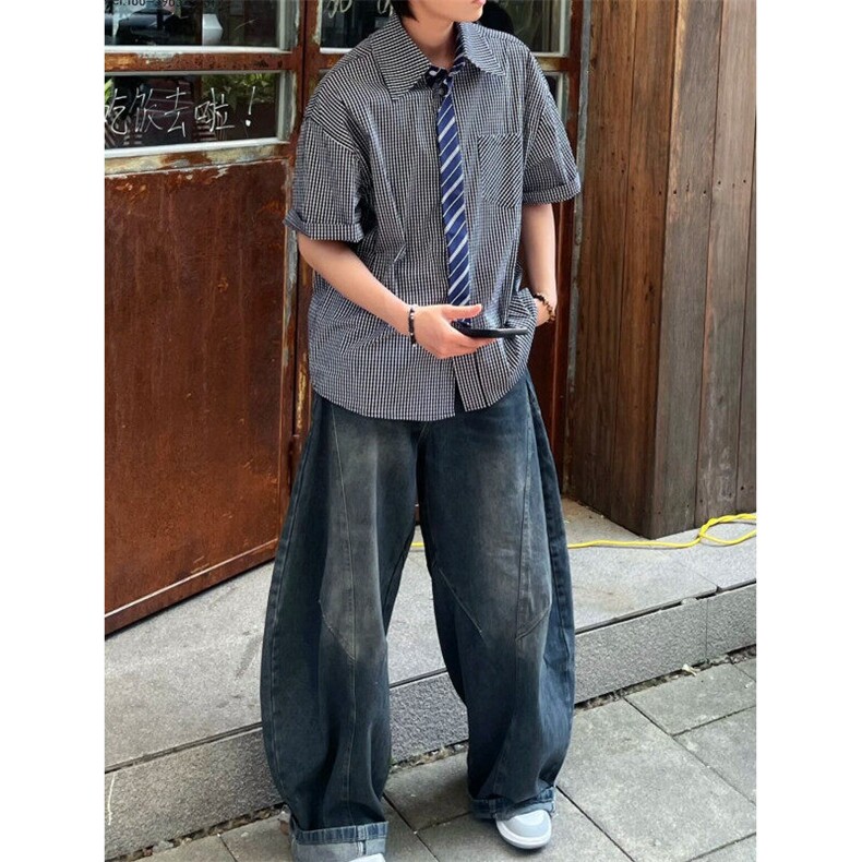 蓝色格纹假领带衬衫男女夏季短袖美式衬衣学院风情侣小众设计外套图片