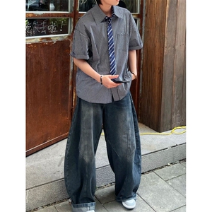 蓝色格纹假领带衬衫男女夏季短袖美式衬衣学院风情侣小众设计外套图片