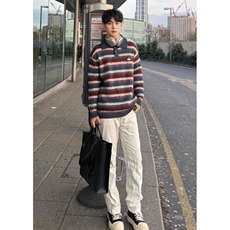慵懒覆古宽松polo领条纹毛衣男女秋冬老钱风新款翻领上衣MY9823，男装针织衫/毛衣，星座1116A（原606A-3）