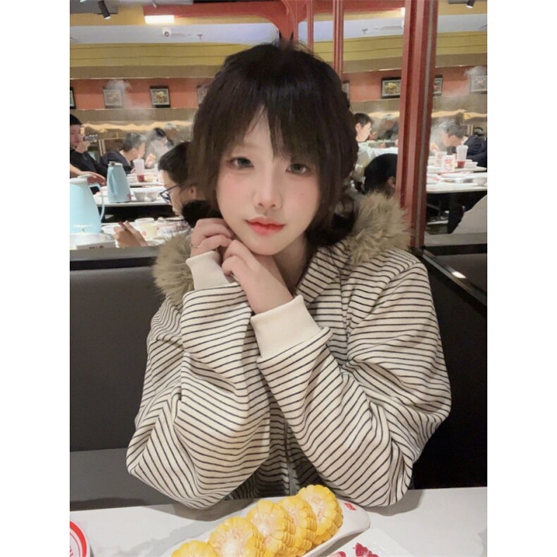 毛领连帽卫衣外套韩系chic宽松休闲设计感小众条纹上衣LW2355-P65,女装短外套,星座1008