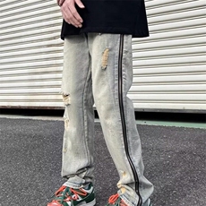 美式高街青少年牛仔裤男复古设计感破洞做旧侧边拉链直筒长裤子，男装牛仔裤，星座506A