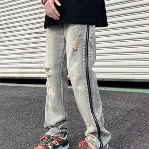美式高街青少年牛仔裤男复古设计感破洞做旧侧边拉链直筒长裤子图片