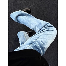 闪电纹牛仔裤男春夏高街vibe裤子美式复古直筒微喇长裤LB1411-P48，男装牛仔裤，星座1008