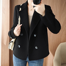 时尚百搭灰色羊毛呢子大衣女外套秋季新款显瘦双排扣短款上衣，女装毛呢外套，豪顺羊绒