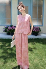 现货新款休闲重工艺女夏薄款宽松小个子时尚新中式气质两件套，女装套装/套裙，美静678