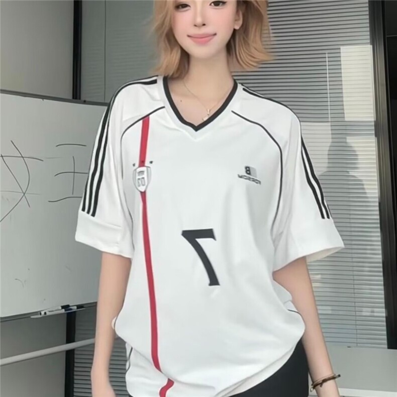 复古运动织带V领凉感短袖t恤男女季美式潮牌情侣休闲球衣QZX81图片