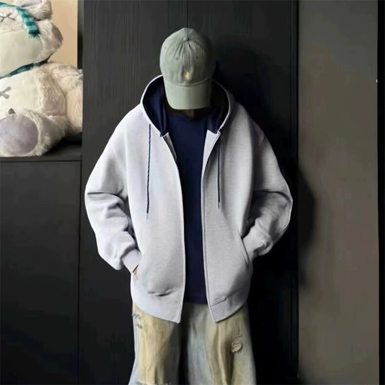 抖音得物二开美式高街重磅结构双层撞色连帽卫衣开衫外套W116，男装卫衣，电商A486