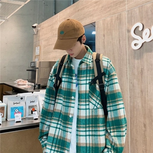 wassup happy毛呢衬衫男春秋季潮牌宽松长袖衬衣服青少年休闲外套图片