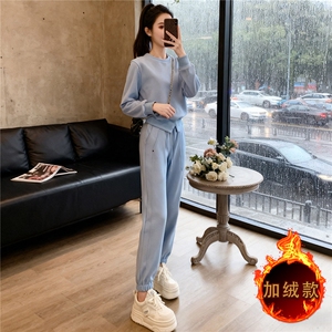 网红休闲运动套装女秋冬新款洋气显瘦短款收腰卫衣阔腿卫裤两件套图片