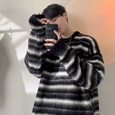 213#-P50慵懒风套头渐变灰色条纹针织衫春设计感宽松薄款长袖，男装针织衫/毛衣，电商B323A