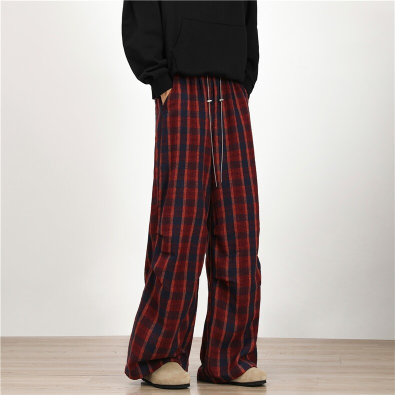 美式复古红色格子松紧腰男阔腿休闲宽松休闲直筒拖地裤K2002/P48,男装休闲裤,星座506