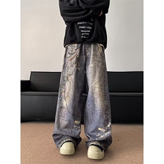 美式高街做旧废土风3D打印链条牛仔裤男宽松阔腿裤子RK2239-P68，男装牛仔裤，星座412-3