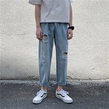 夏季薄款破洞牛仔裤男直筒宽松潮牌乞丐裤男女裤子浅色NB160，男装牛仔裤，星座1008
