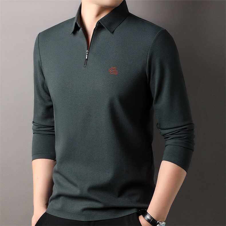 F83065莫代尔含羊毛拉链门襟翻领长袖POLO磨毛保暖刺绣LOGO,男装Polo衫,钱塘207-1