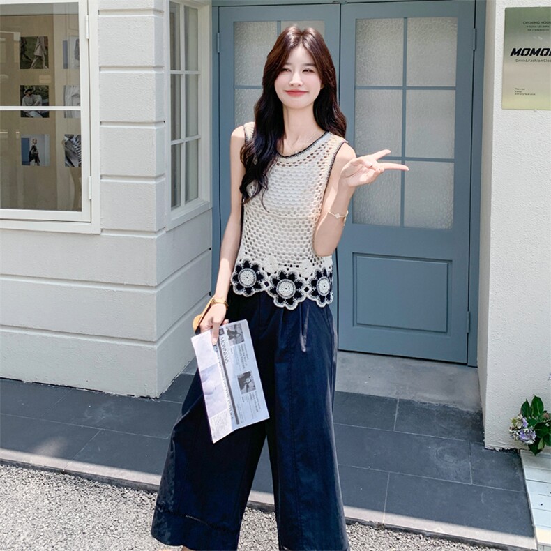 法式高级感时尚镂空背心套装裙女2025夏季气质显瘦阔腿裤两件套潮,女装套装/套裙,2C135