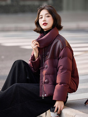 小个子羽绒服女2024冬季新款独特超好看设计感短款红色拼皮厚外套，女装羽绒服，靓衣阁