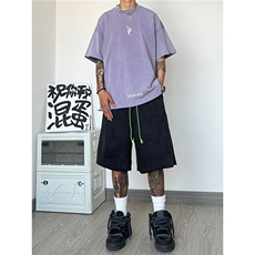 美式高街短裤男潮款水洗毛边宽松五分裤夏A061-YJ6894-P45-限58，男装休闲裤，电商A061