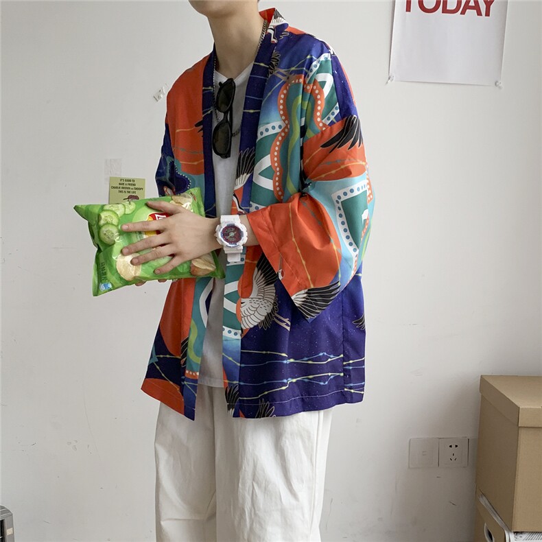 大码风港风外套防晒服和服开衫薄款道袍披风短袖情侣F12/P40，男装衬衫，钱塘713