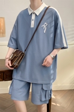 2023夏装潮刺绣纯色Polo衫拼接运动短袖套装男女6626-P65控价88，男装Polo衫，电商A441-1
