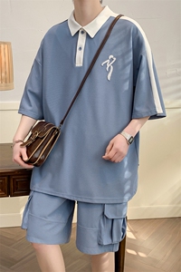 2023夏装潮刺绣纯色Polo衫拼接运动短袖套装男女 6626-P65控价88图片