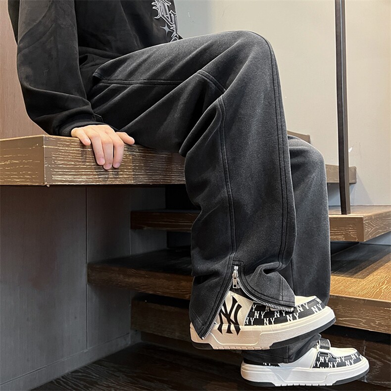 港风重工绣花华棉拖地裤宽松休闲开叉拉链长裤男K23311-P55,男装休闲裤,星座717