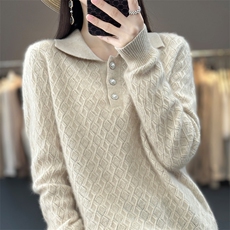 优雅气质秋冬必备高级简约经典翻领羊毛衫，女装羊毛衫，魅途羊绒