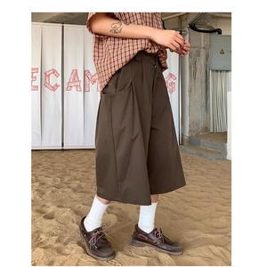 日系复古白色七分裤潮牌街头夏季宽松马裤男女休闲设计感工装短裤图片