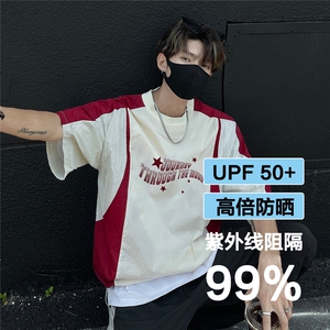 夏拼色设计轻薄UPF50+反光条短袖套头防晒衣男F33/P35控49-100涤图片