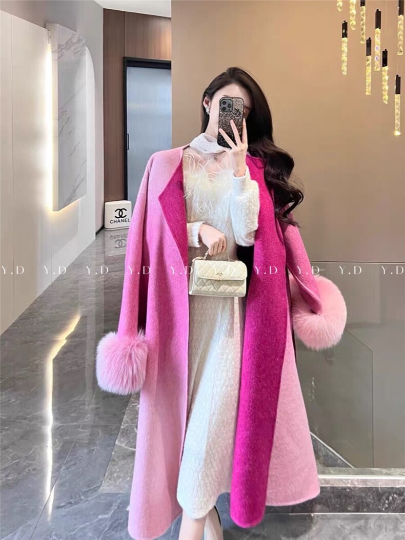 【依嘟】超大狐狸毛双面羊绒中长款秋冬狐狸毛袖渐变色羊毛外套(，女装双面呢大衣，依嘟服饰