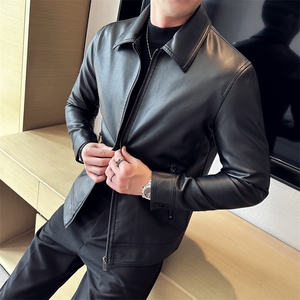 加棉加厚纯色修身翻领PU机车皮衣外套夹克男py56806-p78加棉p88,长筒白板鞋搭配裤子男图片