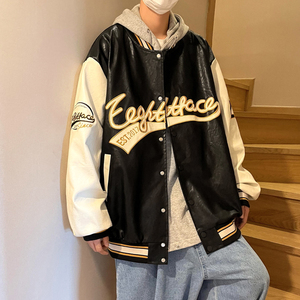 PU皮大面积贴布绣花棒球服夹克外套皮衣ZJ50-P95118图片