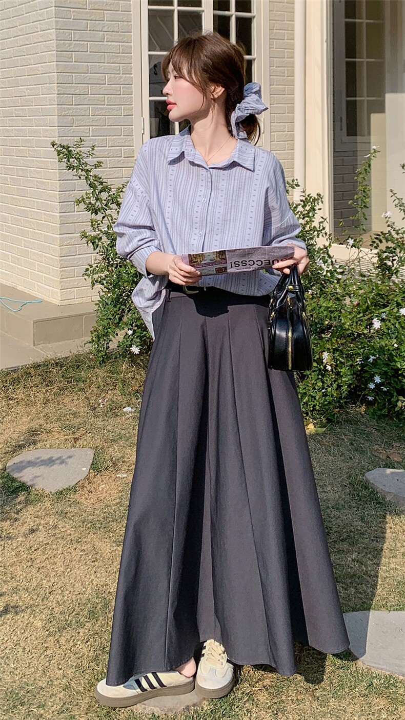 轻熟风蓝色衬衫套装裙女2025春秋季新款韩版休闲显瘦半身裙两件套,女装套装/套裙,2C051