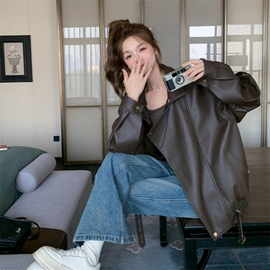 咖色美式复古显瘦pu皮衣外套女2025春秋季新款机车风流行夹克上衣图片