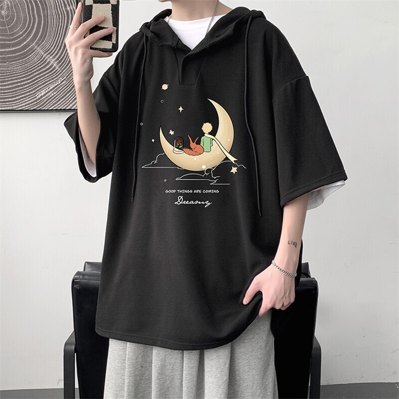 LD54416-P45NASA连帽短袖t恤男大码胖子带帽五分袖中袖,男装T恤,电商A040