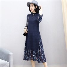 植绒印花拼接长裤长袖2020年冬季圆领花色连衣裙，女装连衣裙，安之芮娜