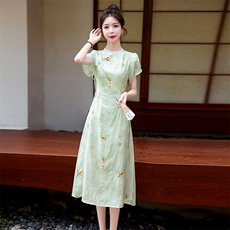 粉色印花旗袍连衣裙女夏季2023新款素雅复古气质新中式国风长裙子，女装连衣裙，蓝诺裳