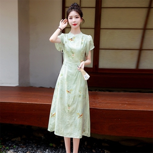 粉色印花旗袍连衣裙女夏季2023新款素雅复古气质新中式国风长裙子图片