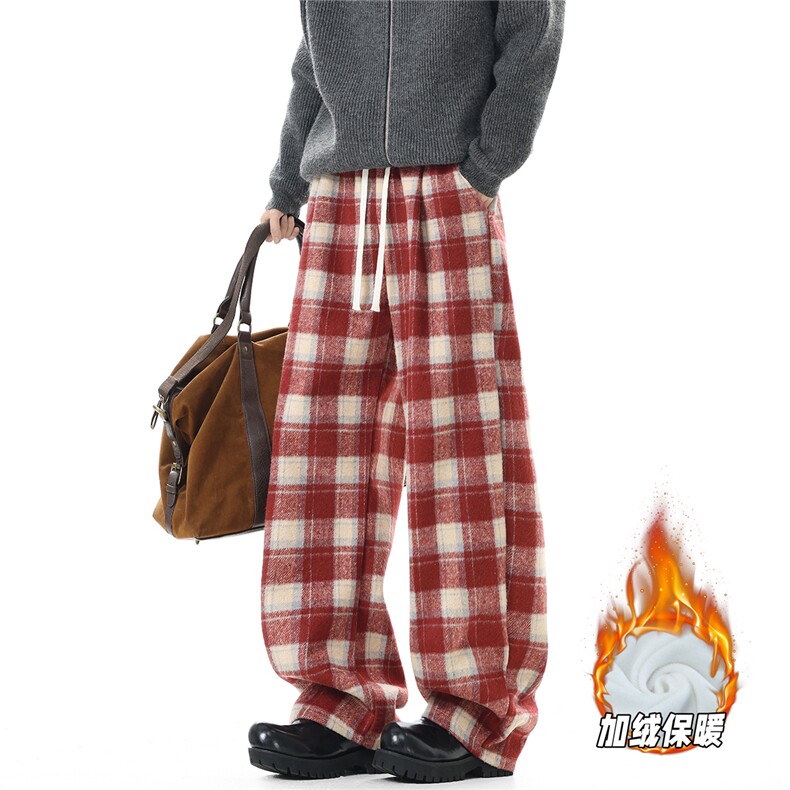 YK359加绒特P45无影墙冬天加绒加厚氛围感红格宽松阔腿休闲裤，男装卫衣，电商A249