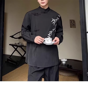 新中式风男装风宽松翠竹垫肩衬衫外套男中山装上衣立领新款图片