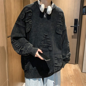 M6128/P85秋冬港风高品质工艺水洗毛衣男大码宽松针织衫外套线衣图片