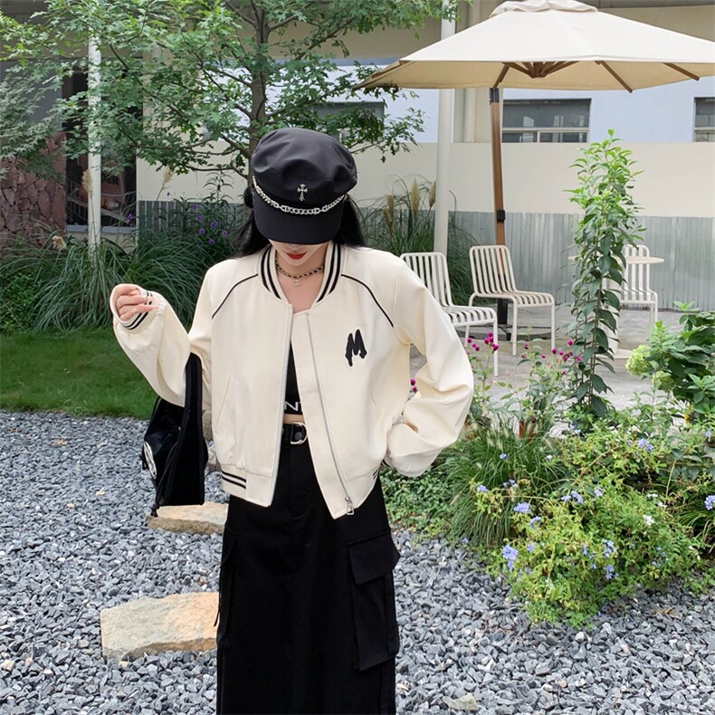2024新款韩版棒球服夹克短外套女春秋季百搭小个子休闲白色上衣潮,女装短外套,MQ