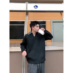 重磅北极绒假两件衬衫领毛衣美式高街复古休闲慵懒纯色翻领针织衫图片