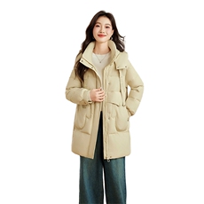 黄色连帽羽绒服女中长款2024冬季新款宽松休闲超好看白鸭绒厚外套，女装羽绒服，自然秀