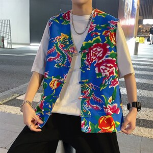 秋新东北大花布马甲修身背心马甲坎肩盘扣演出服男女大码外衣MJ02图片