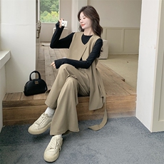 卡其色高级感休闲套装女2025年秋季新款韩版显瘦马甲阔腿裤两件套，女装套装/套裙，2C116